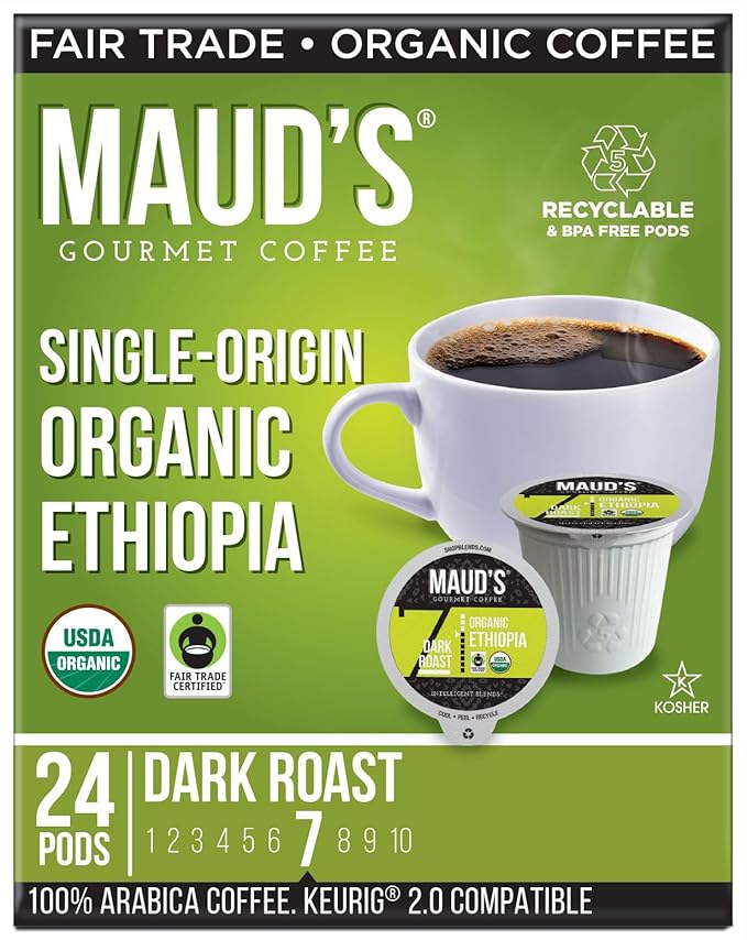 Maud's Organic Ethiopian Coffee Pods 24 ct Single Origin Ethiopian Dark Roast Coffee in Single Serve Pods – 100% Arabica Coffee Compatible with Keurig K Cups Maker