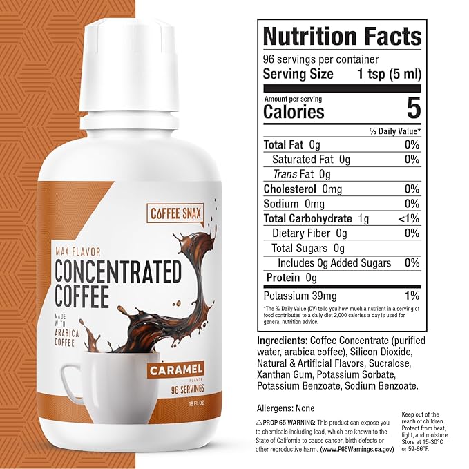 Coffee Snax Cold Brew Coffee Concentrate Caramel Coffee Concentrate with No Added Sugar (Bulk 96 Servings Bottle Caramel)