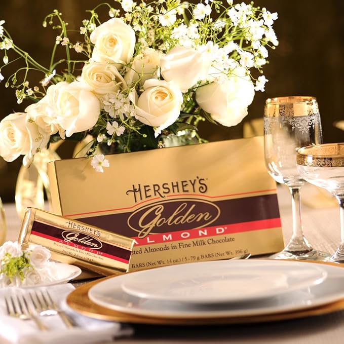 HERSHEY'S GOLDEN ALMOND Chocolate Bar Roasted Almonds in Fine Milk Chocolate Candy Bar Individually Wrapped Bars in Gift Box 14 Ounce Box