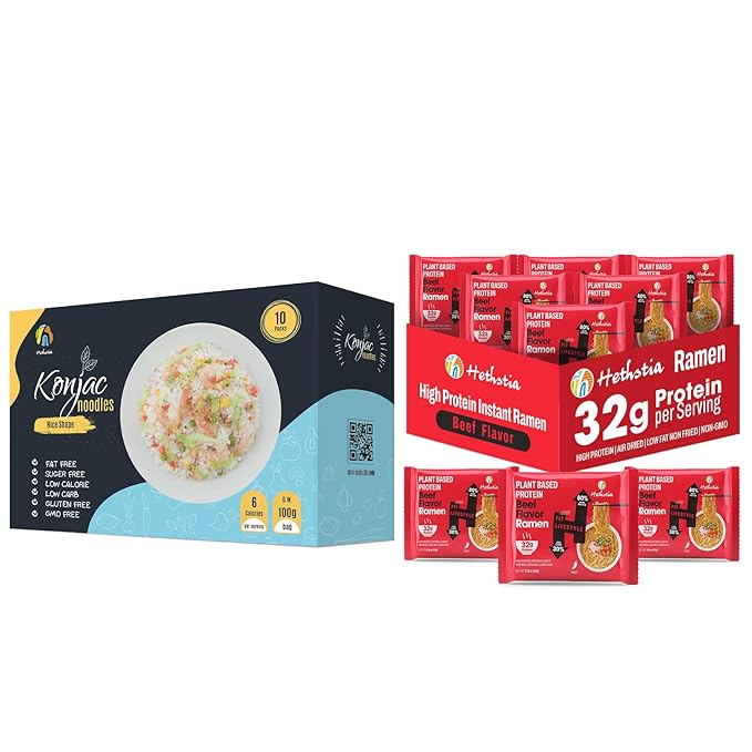 Hethstia Bundle – Konjac Shirataki Rice &amp High Protein Ramen Spicy Beef Flavor 10 Konjac Rice Packs + 6 Beef Ramen Bags Vegan 32g Plant Protein Low Fat Non-GMO Healthy Meal Combo