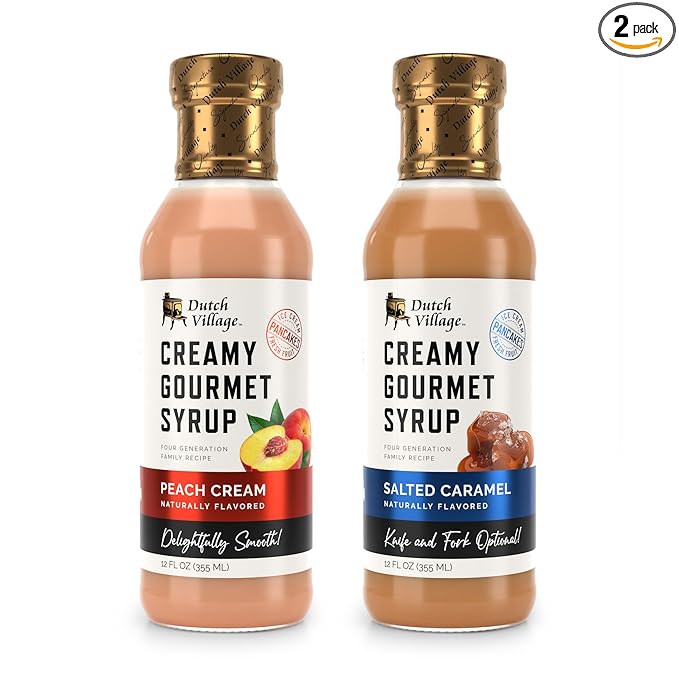 Creamy Gourmet Breakfast &amp Dessert Syrup | Organic Ingredients - Clean Label | No Preservatives Artificial Flavors or Corn Syrup | Gluten-Free | Dutch Village Salted Caramel &amp Peach Cream 12