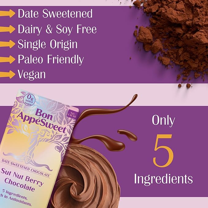 Bon Appesweet Date Sweetened Chocolate Bar - Sut Nut Berry Chocolate | 2.2 Ounce (Pack of 3) | Organic Zero Added Sugar 54% Cacao Plant Based Dairy Free and Guilt Free!