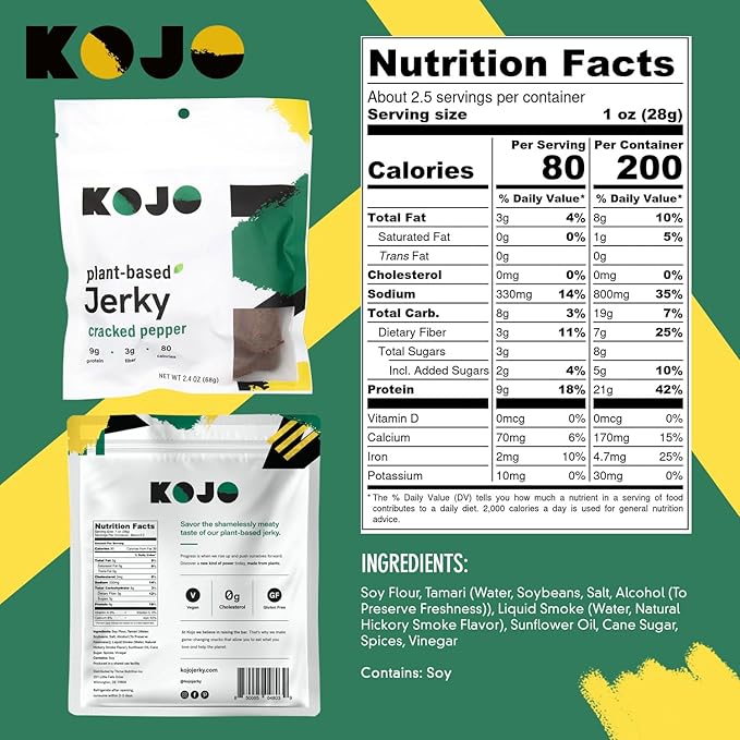 Kojo - Plant-based Vegan Jerky - Cracked Pepper - Peppery and Shamelessly Meaty Flavor - 9g Protein 3g Fiber 90 Calories - 6 Bag (2.4 oz)