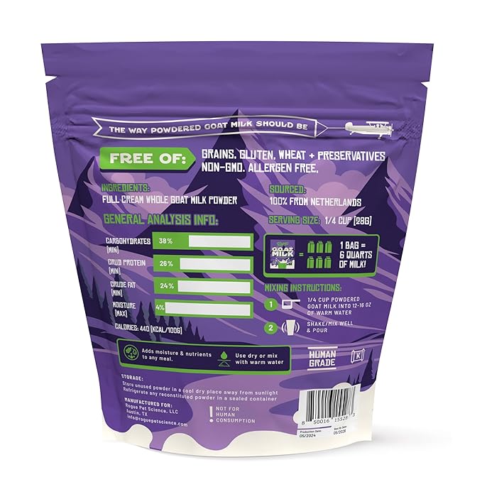 Rogue Pet Science G.O.A.T Milk – Powdered Goat Milk for Dogs and Cats. One 16-oz Bag Makes 6 Quarts. Human Grade A2 Powder for Adult Pets Senior Hydration Puppy and Kitten Food Topper