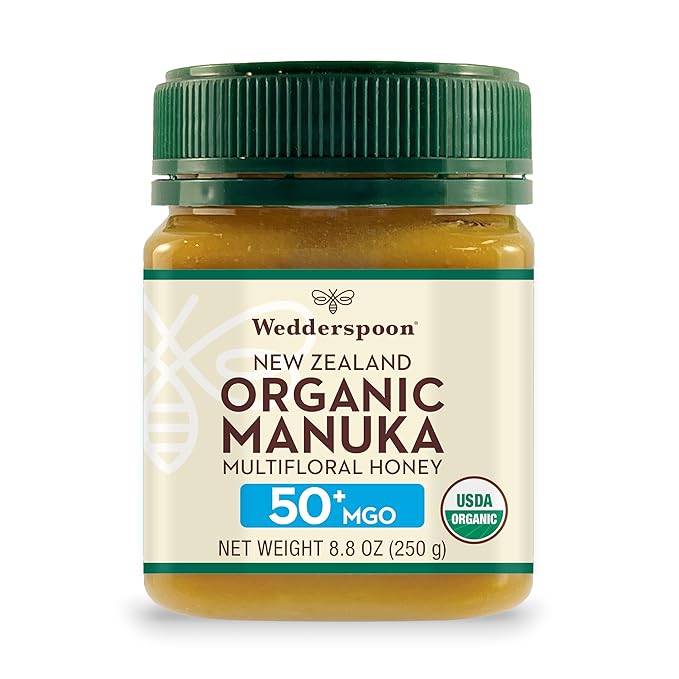 Wedderspoon Organic Raw Manuka Honey 50+ MGO 8.8 Oz Unpasteurized New Zealand Honey Non-GMO BPA-Free Jar Superfood &amp Natural Wellness Support