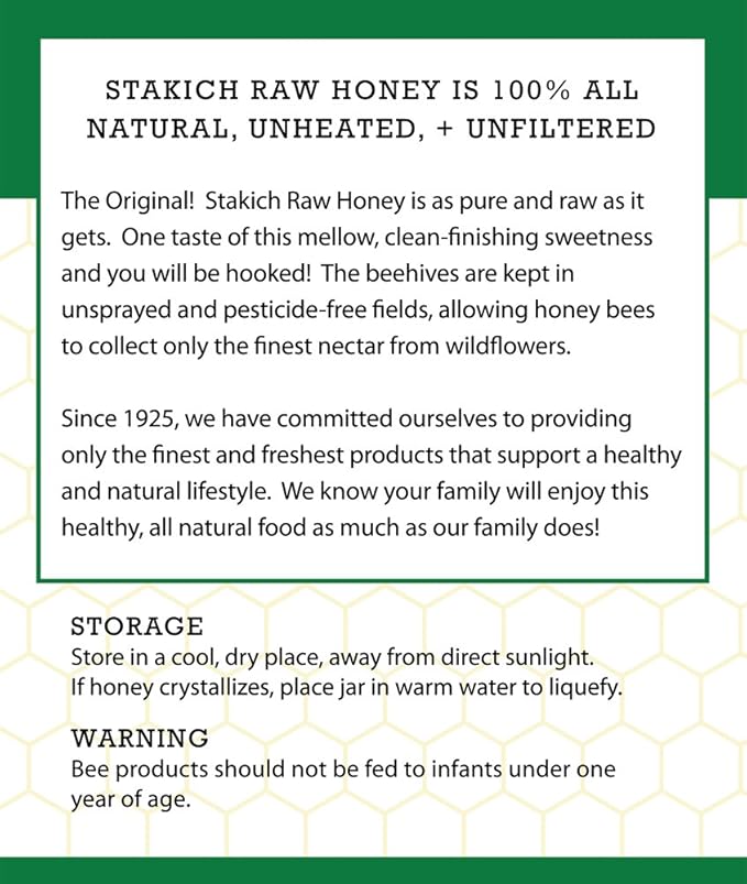 Stakich Raw Honey - Pure Unprocessed Unheated Kosher - 5 Pound (80 Ounce)
