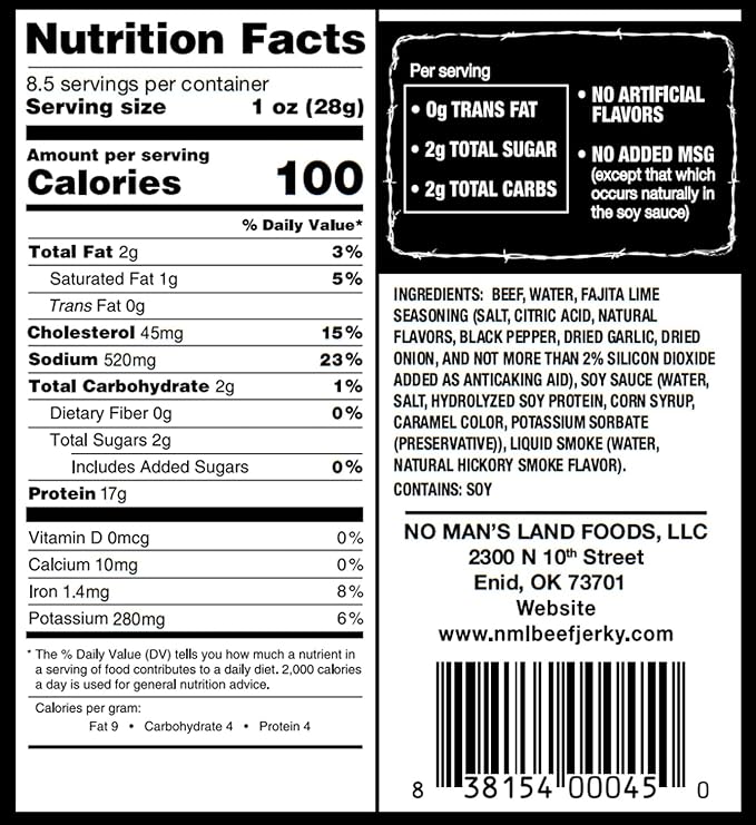 No Mans Land Beef Jerky - Fajita Lime | Slow-Dried Smoked &amp Seasoned Jerky Strips | High Protein Low Carb Low Calorie Beef Snack | Gluten Free - 8.5oz Bag