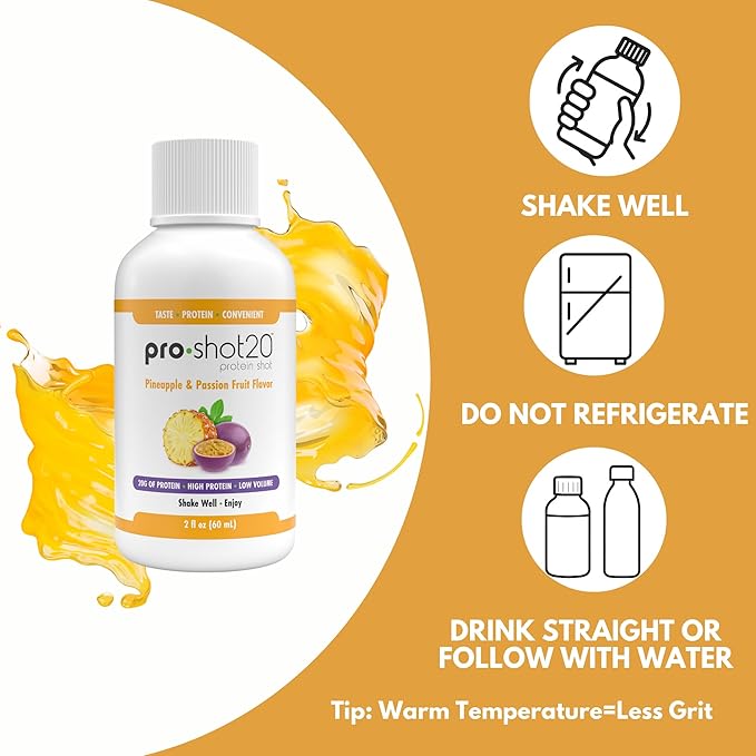 Pro-Shot20 Protein Shot Pineapple &amp Passion Fruit Flavor 60 mL 12-Pack- 20g Whey Protein &amp Hydrolyzed Collagen Drink- Low Calorie Low Carb Gluten Free No Aspartame Ready to Drink