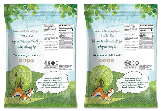 Food to Live - Organic Dried Pineapple Rings 10 Pounds Non-GMO Flavorful Chewy Fruit Snack Vegan Unsulfured No Sugar Added Bulk Addition to Desserts Cakes Pies No Sulphites Unsweetened