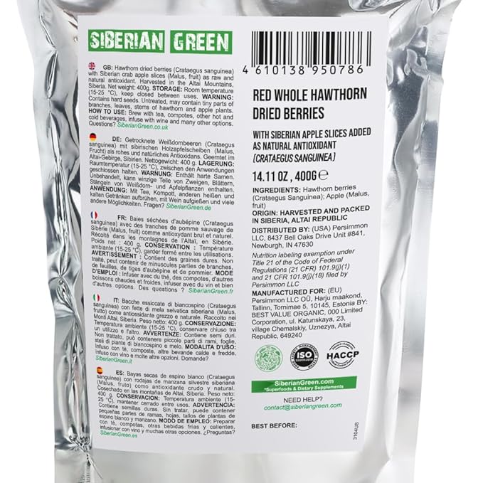 Siberian Green Whole Red Hawthorn Dried Berries 400g (14.11oz) Wild Harvested Crataegus Sanguinea from Altai with Apples slices as antioxidant