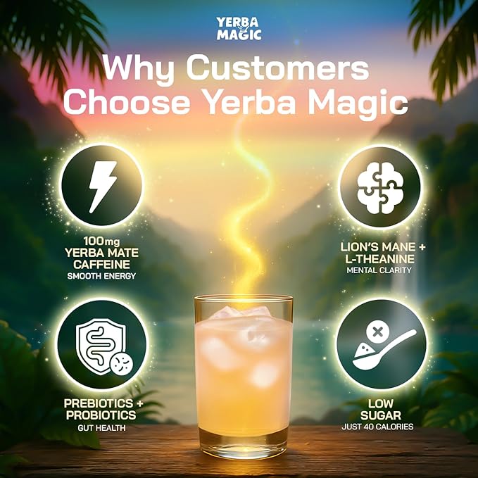 Yerba Magic Instant Yerba Mate Powder Packets – Clean Energy &amp Focus Drink Mix for Gut Health – Nootropic Blend with Lion’s Mane L-Theanine Prebiotics &amp Probiotics – Low Sugar Natural Caffei
