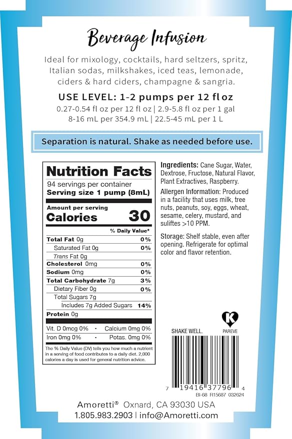 Amoretti - Blue Raspberry Beverage Infusion 94 Servings Per Bottle (750 ml) - Drink Mix &amp Water Enhancer with Pump for Flavoring Cocktails Waters Teas and other Beverages Preservative Free