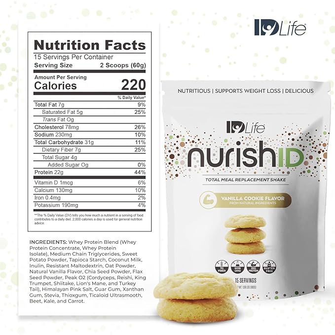 IDLife Vanilla Cookie NurishID Meal Replacement Shake - with Slow-Digesting Carbs Superfoods Vegetable Blend and Adaptogenic Mushrooms - 15 Servings