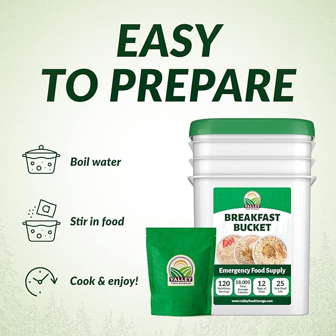 Valley Food Storage 120 Serving Breakfast Bucket | Emergency Food Supply with Easy Prep Breakfast Meals | 25 Year Shelf Life | Camping Food Prepper Supplies &amp Long Term Storage | Packaged in USA
