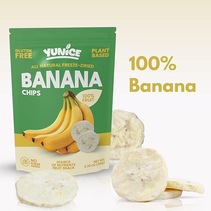YUNiCE Freeze-Dried banana chips 100% Real Fruit Single Ingredient Snack Naturally Sweet &amp Crunchy No Sugar Added Gluten Free Plant-Based On-The-Go Packs BANANA 0.70 Ounce (Pack of 12)