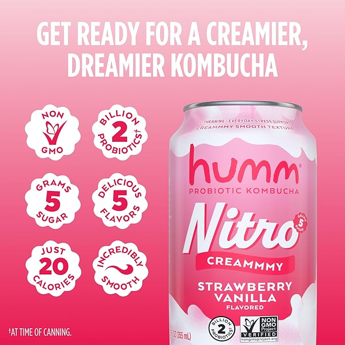 Humm Nitro Kombucha Strawberry Vanilla Creamy Smooth Probiotic Drink with L-Theanine Non-GMO Vegan Gluten Free 12 fl oz (Pack of 24)