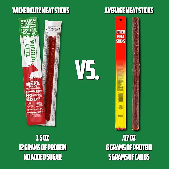 Italian Beef &amp Cheese Sticks 12g Protein Per Beef Stick Tender &amp Juicy Meat Stick with Real Pepper Jack Cheese USA Made High Protein Meat Sticks Carnivore Snacks (12 Pack)