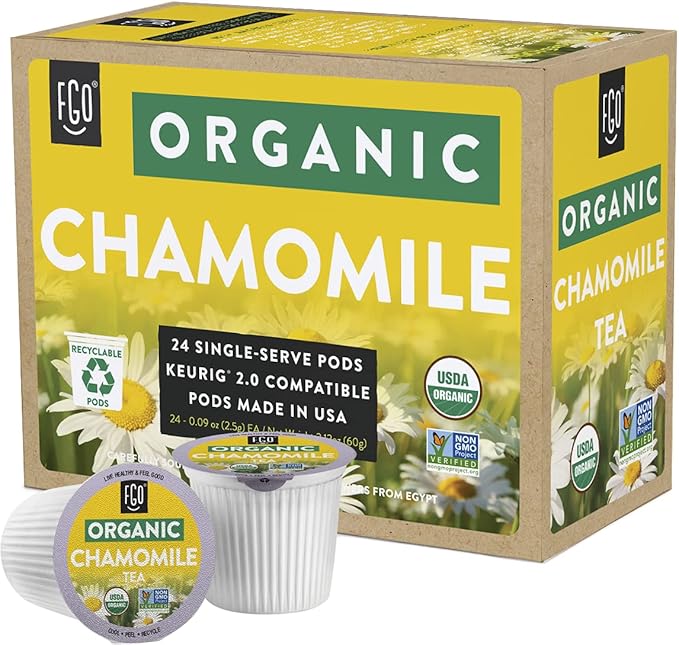 FGO Organic Chamomile Tea K-Cup Pods for Keurig 24 Count (Pack of 1) Naturally Caffeine-Free Herbal Tea USDA Organic Non-GMO &amp Recyclable