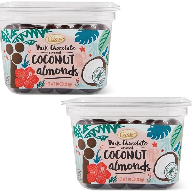 2 PACKS of L'CHOCEUR DARK CHOCOLATE-COVERED COCONUT ALMONDS 10 oz. KOSHER DELIGHT! RAINFROREST ALLIANCE CERTIFIED DARK CHOCOLATE