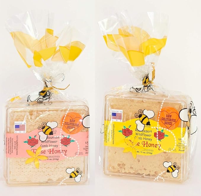 California Raw Desert And Mountain Wildflower Comb Rose Honey Honeycomb COMBO 11 Oz Each Pure 100% Natural Gift Wrapped 2PK