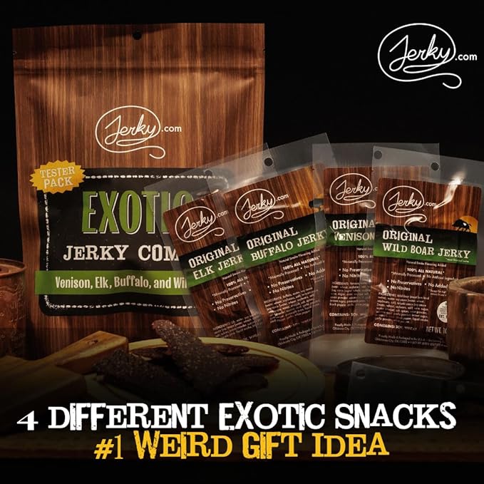 Jerky.com Exotic Jerky Variety Pack | 4pc Wild Game Snacks Sampler with Venison Elk Buffalo &amp Wild Boar | High Protein Keto Exotic Jerky Gifts for Men | Gifts for Men &amp Hunters