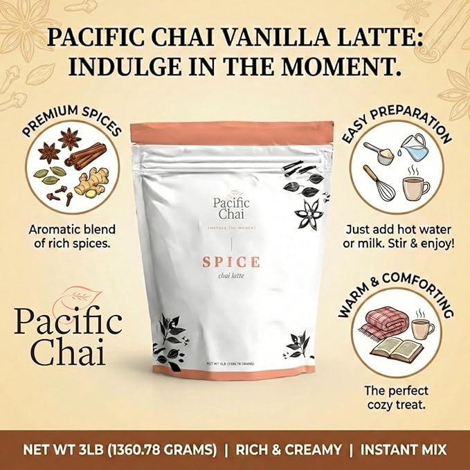 Pacific Chai Spiced Chai Latte Mix Instant Chai Tea Latte Drink Mix Gluten Free Kosher Certified Powder Beverage Café Style Chai Latte 3 LB (Pack of 2)
