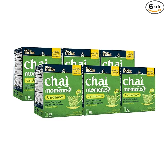 Tea India Chai Moments Cardamom Chai Tea Instant Latte Mix Flavorful Blend Of Premium Black Tea Cardamom &amp Natural Ingredients Traditional Indian Tea Individually wrapped 10 Sachets Pack of 6