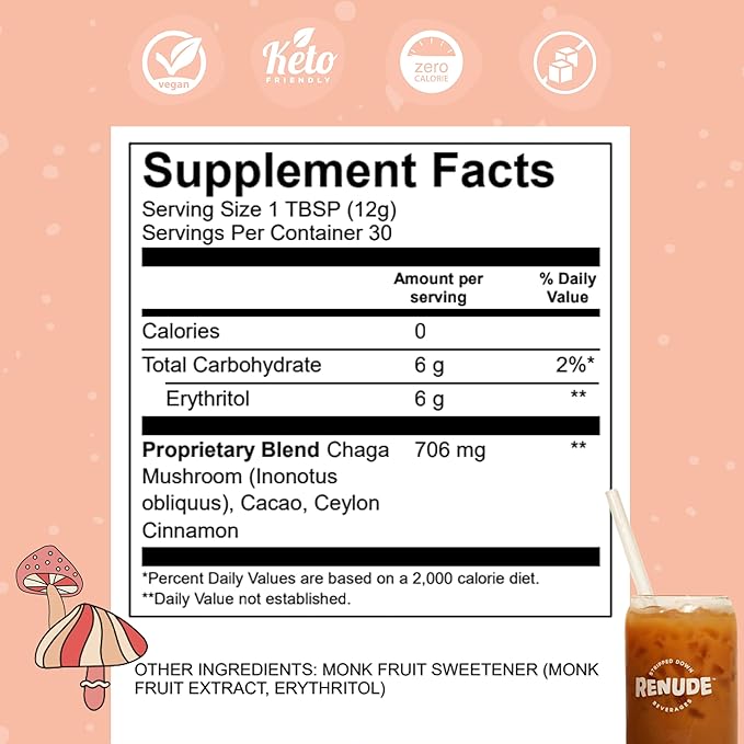 Renude Chagaccino - Chaga Mushroom Powder Mushroom Coffee Drink Mix with Adaptogens Natural Energy and Immune Support Vegan Keto Zero Calorie Mushroom Blend Powder - 30 Servings