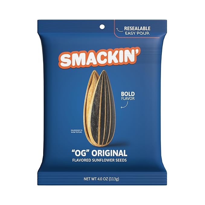 SMACKIN' - Jumbo Roasted Sunflower Seeds No Salty Burn American Made Easy Pour &amp Seal - Original 4oz bag (12 Bags)