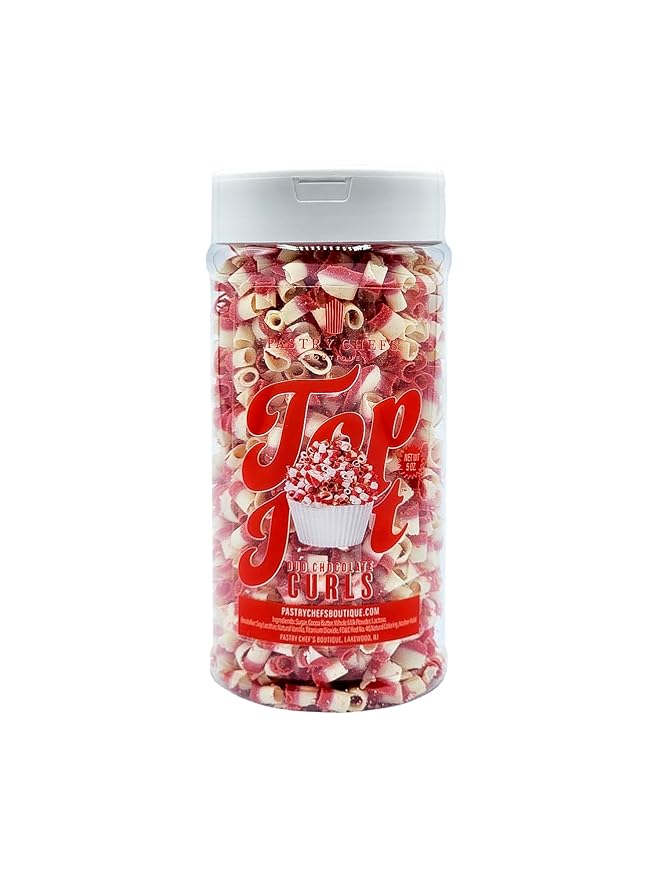 Pastry Chef's Boutique Red White Duo Blossom Belgian Chocolate Curls Topping for Cupcake Hot Cocoa Ice Cream Cookies Cake Decorating - 5 oz