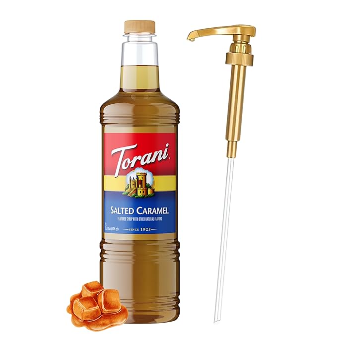 Torani Salted Caramel Flavoring Syrup 1 Liter Bottle with Pump Dispenser – Coffee Syrup for Lattes Teas Cocktails &amp Desserts – Premium Quality Flavored Syrup