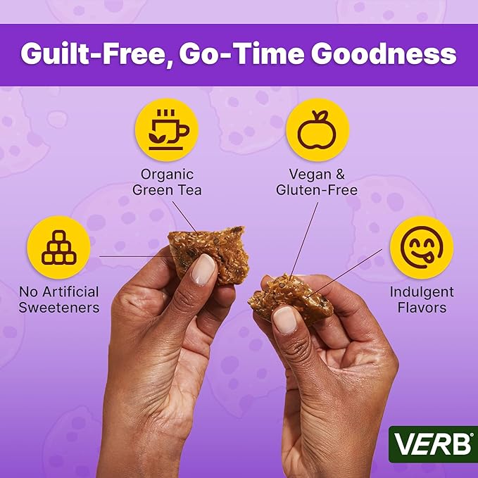 Verb Caffeinated Energy Bars Chocolate Chip Cookie Dough (26g Pack of 16) 110-Calorie Delicious Energy Bar Gluten Free On-the Go Snack with 80mg Green Tea Caffeine Only Real-Food Ingredients