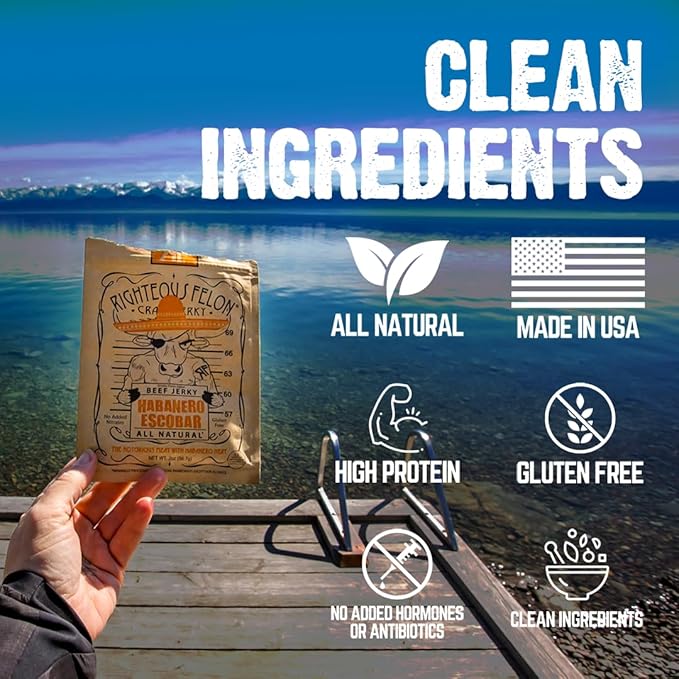 Righteous Felon Beef Jerky - Habanero Escobar Jerky - Gluten-Free Snacks - All-Natural Locally Sourced &amp Dried Beef - Low-Sugar High-Protein Healthy Snacks - 2 Ounces Each Pack of 8