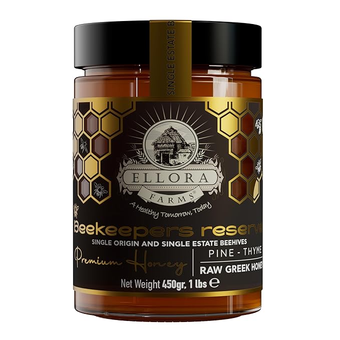 Ellora Farms Greek Honey Single Estate PDO Pine &amp Thyme Raw Honey Unfiltered Beekeepers Reserve Pure Raw &amp Unfiltered Cold-Pressed Gluten Free - 450 g