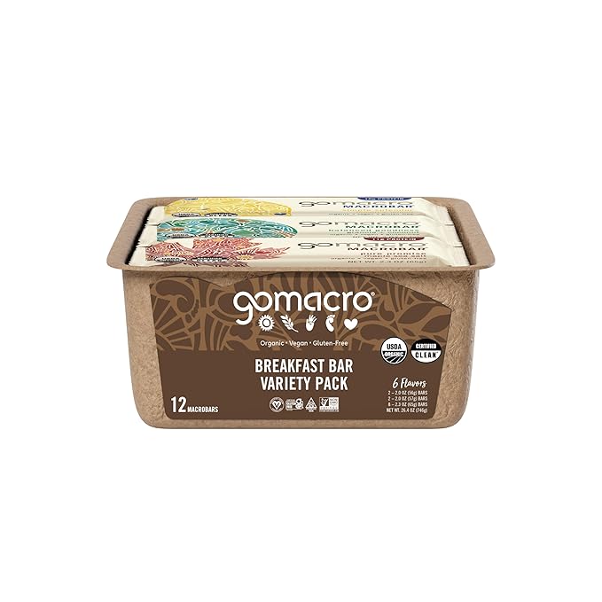 GoMacro Macrobar Organic Vegan Protein Bars Breakfast Variety Pack 12 Count
