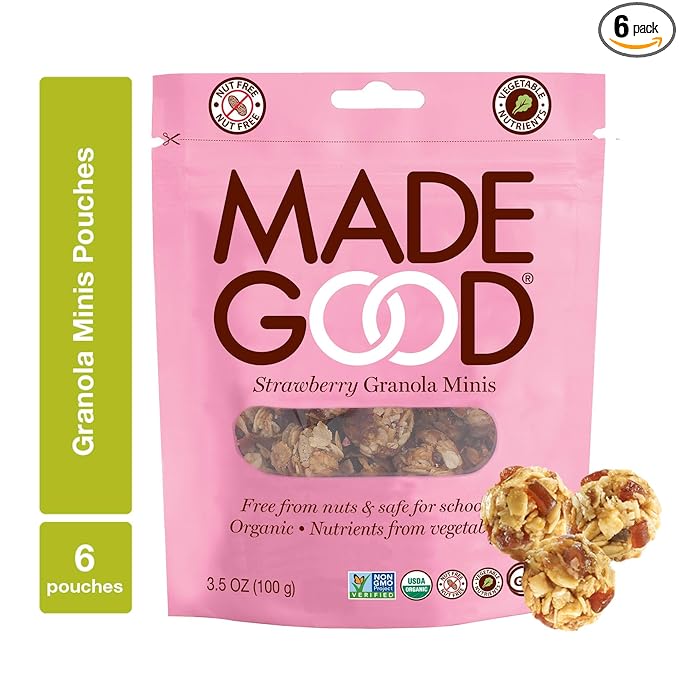 MadeGood Strawberry Granola Minis 6 Pouches (3.5 oz/ea) Granola Clusters Made with Crunchy Oats and Juicy Strawberries Convenient Individually-Wrapped Portions Allergy-Friendly School-Safe Snack
