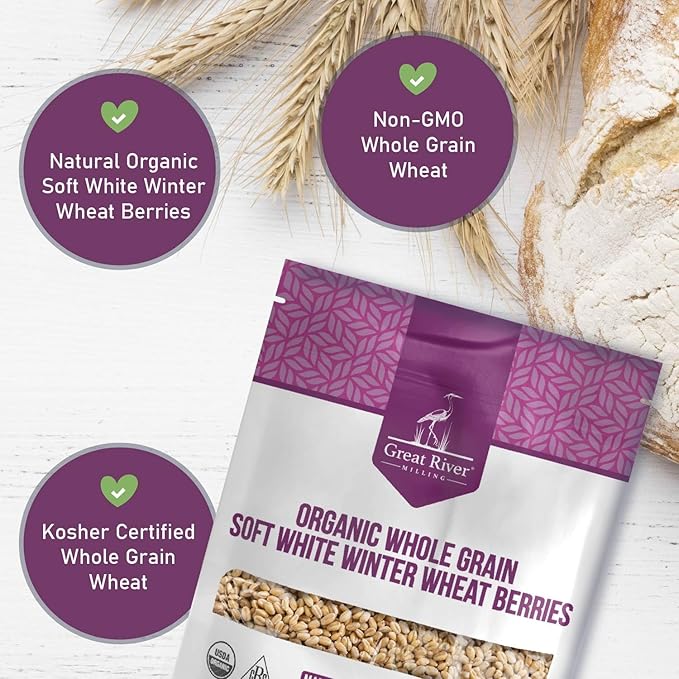 Great River Milling Organic Soft White Winter Wheat | Whole Grain Wheat Berries for Baking &amp Milling | USDA Organic Non-GMO Kosher | Ideal for Pastries Tender Breads Desserts Soup &amp Salad