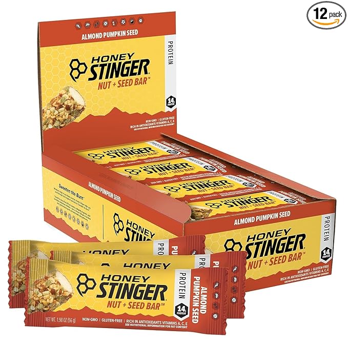 Honey Stinger Nut + Seed Bar Almond Pumpkin Seed Protein Packed Food for Exercise Endurance Performance and Recovery Sports Nutrition Snack Bar for Home &amp Gym Post Workout 12 Pack