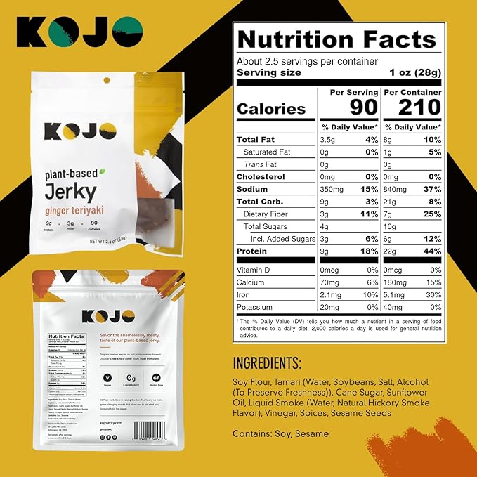 Kojo - Plant-based Vegan Jerky - Ginger Teriyaki - Gingery Zing and Shamelessly Meaty Flavor - 9g Protein 3g Fiber 90 Calories - 6 Bags (2.4 oz)
