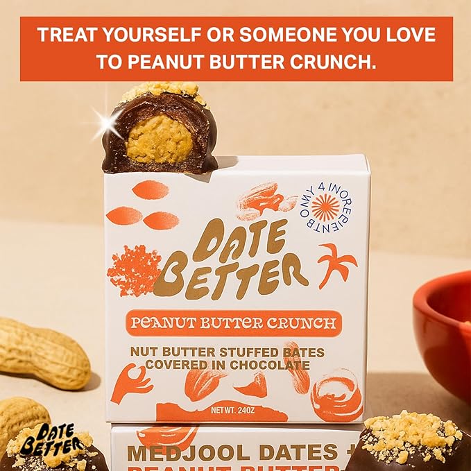 Date Better Peanut Butter Crunch Stuffed Medjool Dates - Dark Chocolate-Covered Dates Filled With Crunchy Peanut Butter &amp Cacao Nibs | No Artificial Sweeteners Gluten-Free &amp Vegan (6-Pack)