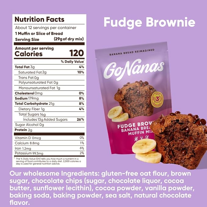 GoNanas Fudge Brownie Oat Flour Banana Bread Mix Suitable for Plant Based Vegan Diets Gluten Free Dairy Free Snacks Healthy Snacks For Adults Muffin Mix Nut Free Cupcakes Dessert NON-GMO 4pk