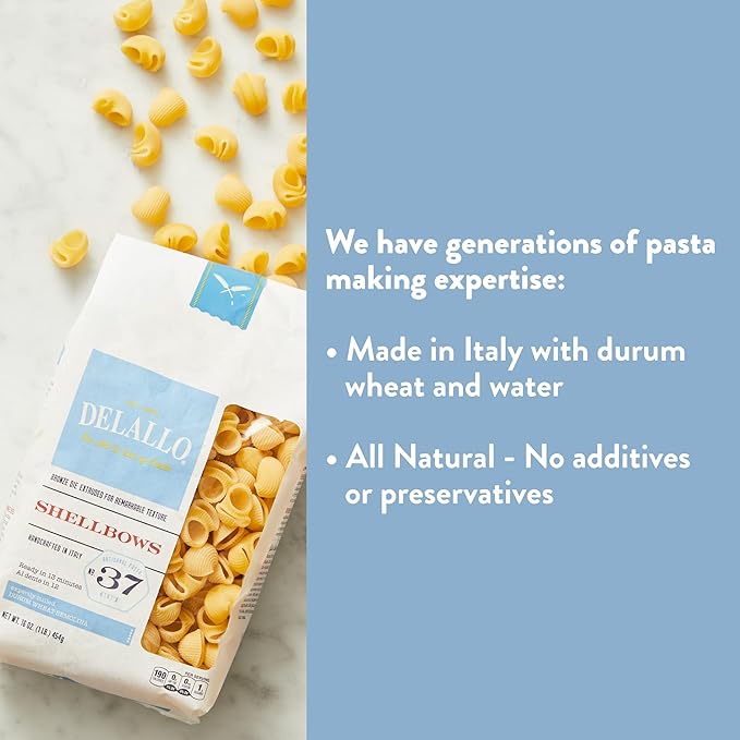 DeLallo Shellbows Semolina Pasta 1 Pound Bag 7 Pack Product of Italy Made with Durum Wheat Flour Shell-Shaped Noodles