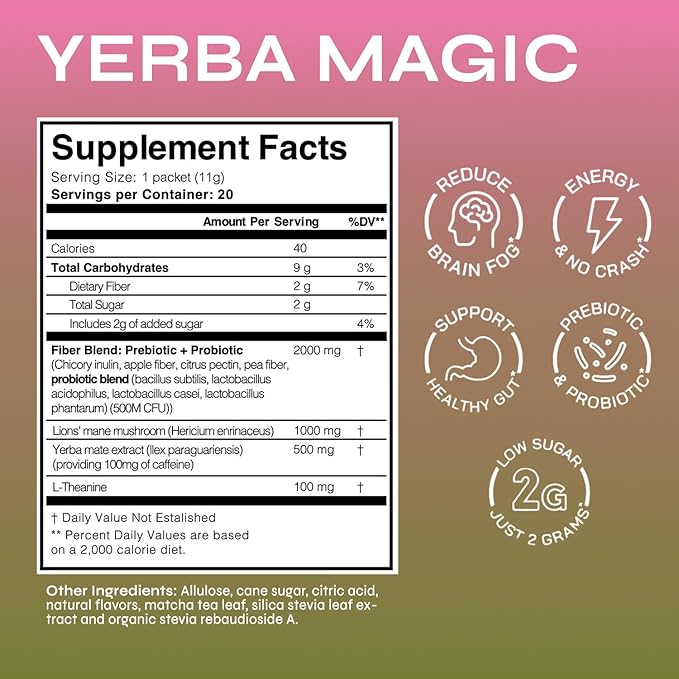 Yerba Magic Yerba Mate Powder Packets - Instant Clean Energy &amp Focus Drink Mix for Gut Health - Nootropic Blend with Lion’s Mane L-Theanine Prebiotics &amp Probiotics - Low Sugar Natural Caffei