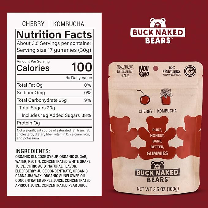 B.uck Naked Bears Cherry Kombucha Gummy Bears 3.5 oz (Pack of 12)