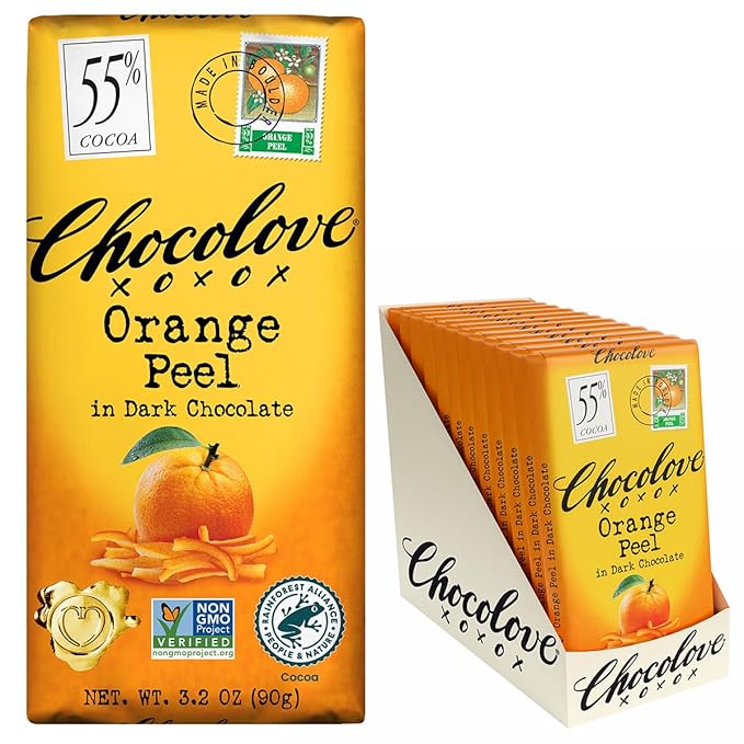 Chocolove Orange Peel Dark Chocolate Bars | 55% Cocoa | Tangy Orange Peel Bits | Smooth &amp Sweet | Premium Dark Chocolate |Non GMO Rainforest Alliance Certified 3.2oz Bar (12 Pack)
