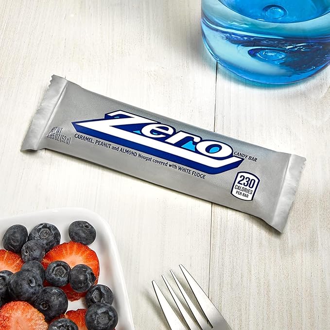 Zero Candy Bars 1.85 oz Each Caramel Peanut and Almond Nougat Covered with White Fudge Classic Retro Chocolate Candy Bar