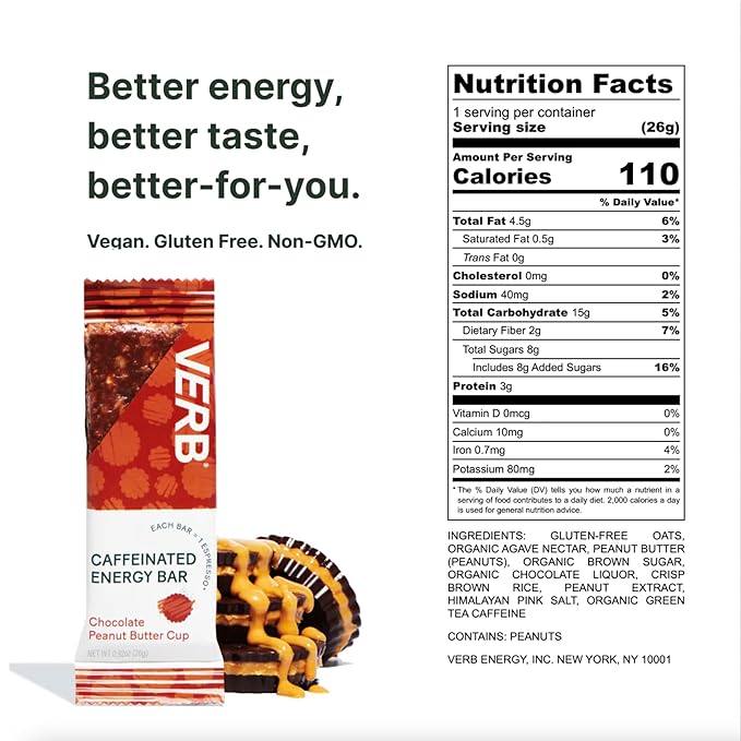 Verb Energy Bar Variety Pack – Peanut Butter Cookie &amp Chocolate Peanut Butter Cup – Caffeinated Snack Bars – Low Sugar 110-Calorie Energy Bars – Vegan Gluten-Free with Organic Green Tea (32 Pac