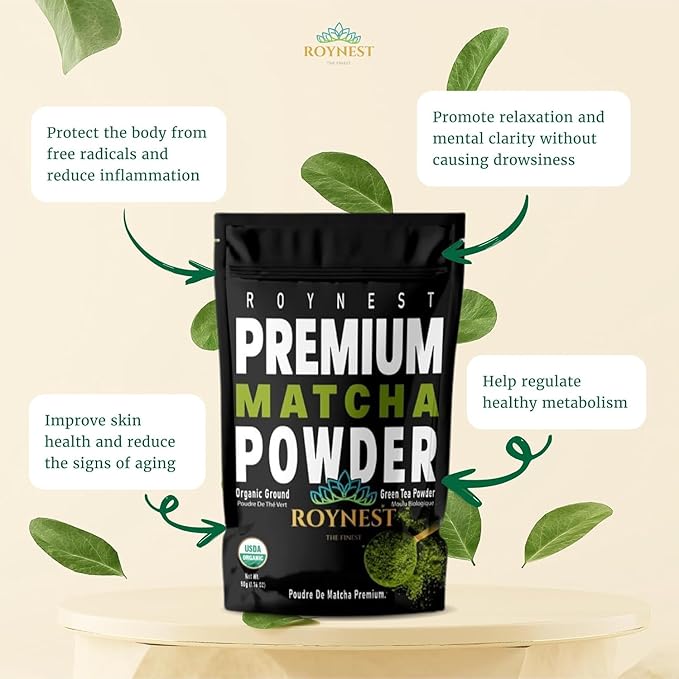Roynest Premium Organic Matcha Powder – 100% Pure Matcha for Iced Lattes Smoothies Cold Drinks &amp Baking | Clean Energy Vegan Non-GMO USDA Certified | 50g Resealable Pouch (3 Pack)
