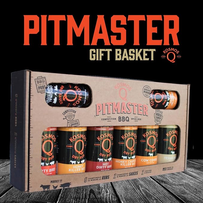 Kosmos Q BBQ Pitmaster Gifts for Men or Dads Includes 8 Flavors of Grill Seasonings BBQ Sauces &amp Meat Rubs Sampler Pack for Chicken Steak Turkey Pork &amp More