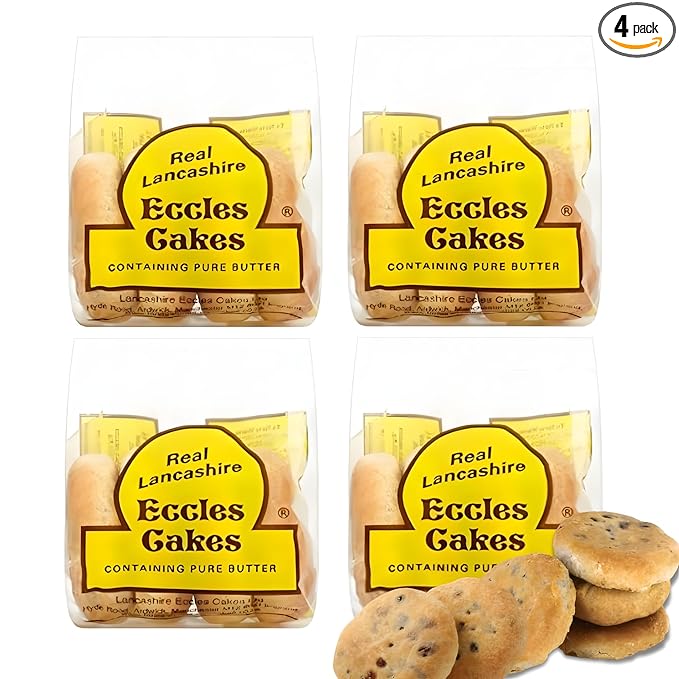 Real Lancashire Eccles Cake - 4 Cakes (Pack of 4) | British Snacks Made with Pure Butter &amp Dried Currants | Traditional &amp Delicious Fruity Cake for Tea Time Snack | 5.29 Oz/150g